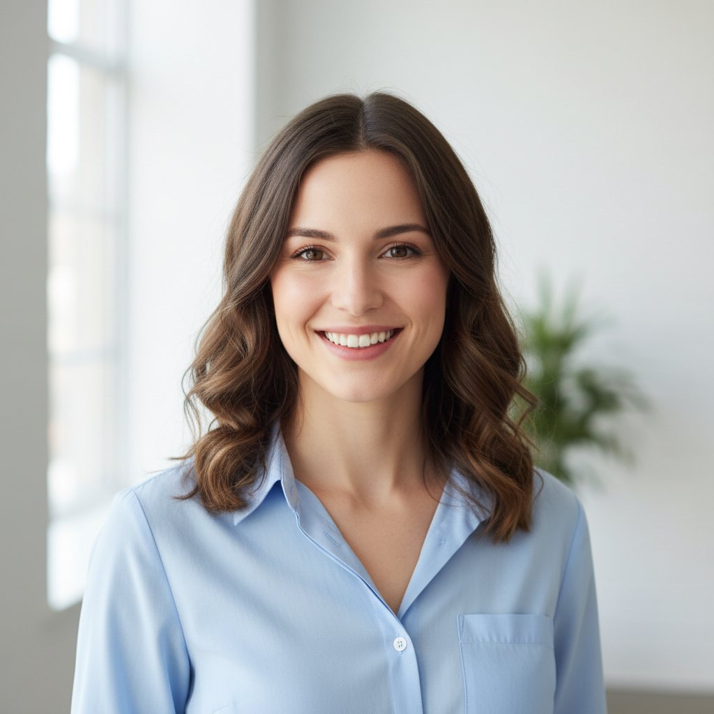 Professional portrait of a smiling white woman in her late 20s with shoulder-length wavy brown hair, wearing a light blue button-up shirt, photographed in a bright office environment. Clean, minimal, stock-style image suitable for a testimonial avatar on a lifestyle services website.