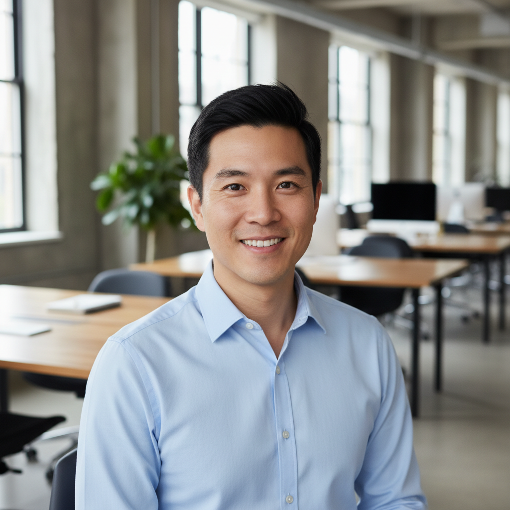 Professional portrait of a smiling Asian man in his early 30s with short black hair, wearing a casual smart button-up shirt, photographed in a contemporary coworking space. Clean, minimal, stock-style image suitable for a testimonial avatar on a lifestyle services website.