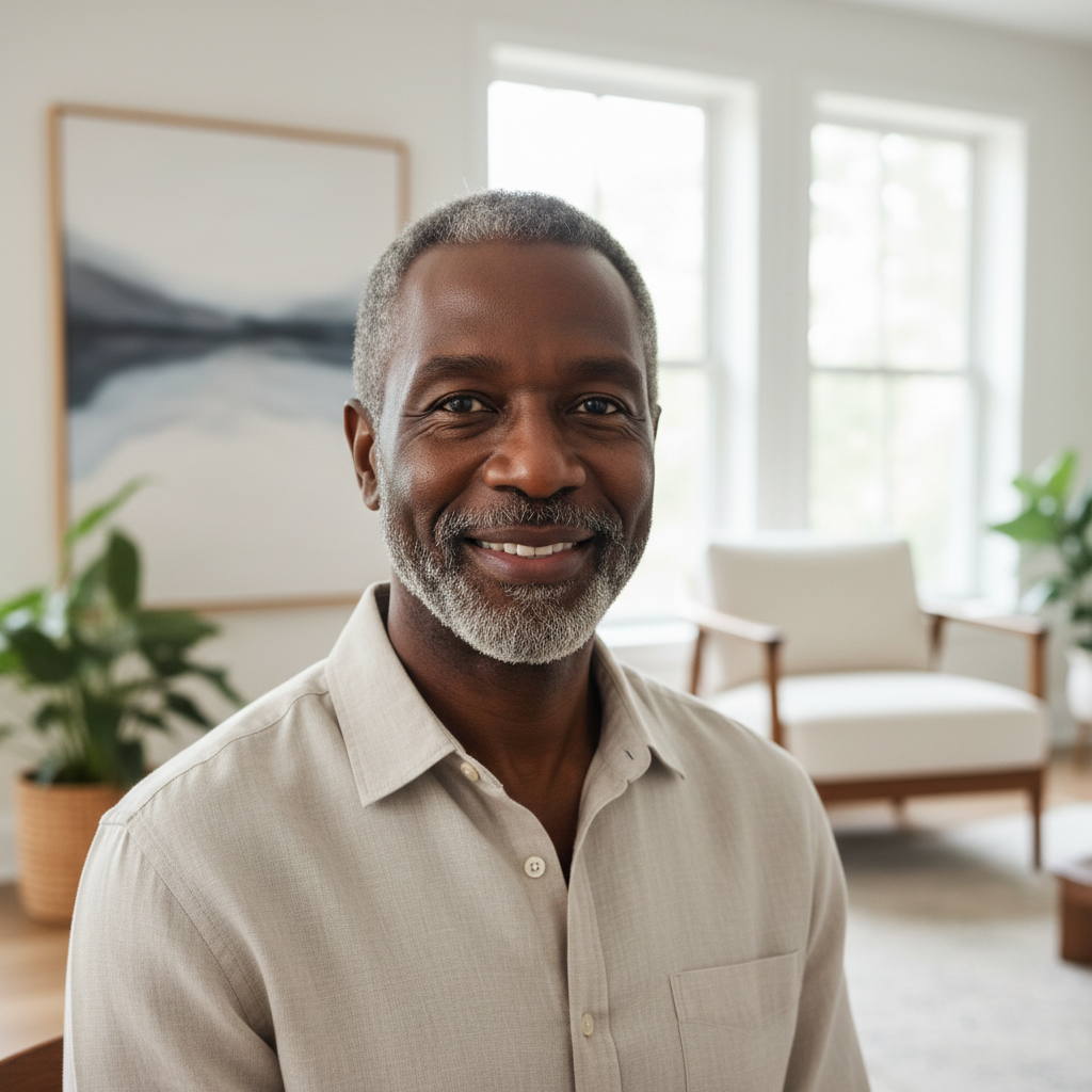 Realistic portrait-style photo of an older Black man in his late 60s, gently smiling. He is wearing a soft neutral button-up shirt, photographed in a bright, modern home interior similar to the existing testimonial avatars. Clean, minimal, stock-style image suitable for a testimonial avatar on a lifestyle services website.