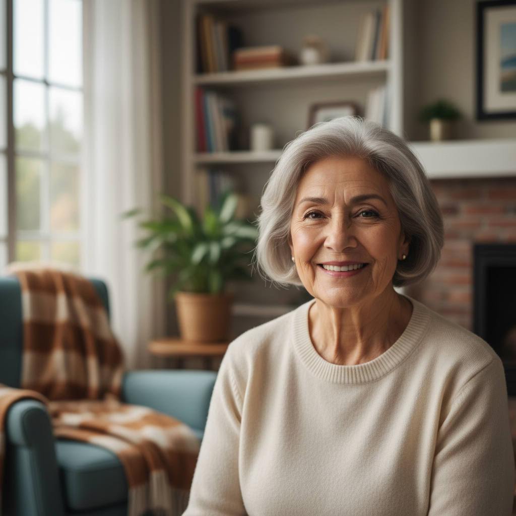 Realistic portrait-style photo of an elderly Latina woman in her late 70s, warmly smiling. She has short gray hair and is wearing a soft cream sweater, photographed in a cozy home interior similar to the existing testimonial avatars. Clean, minimal, stock-style image suitable for a testimonial avatar on a lifestyle services website.