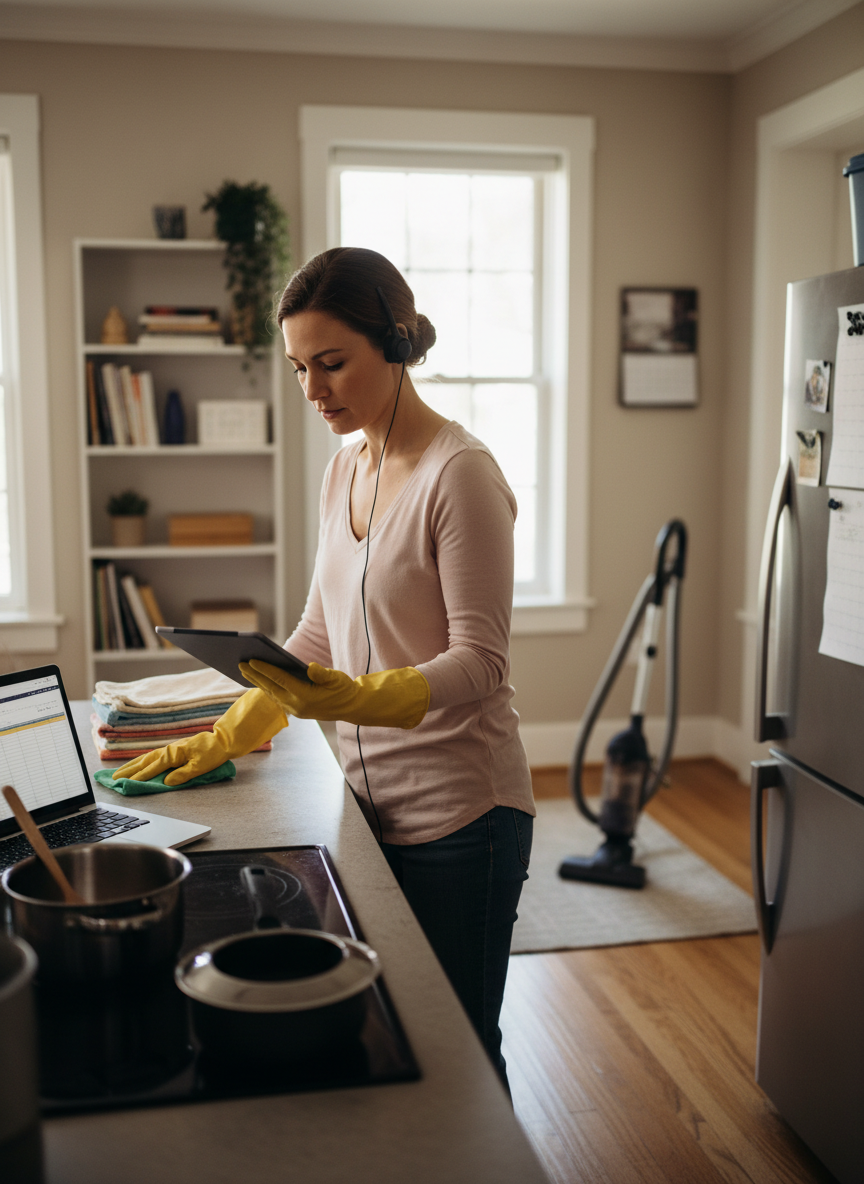 A real adult person multitasking around the house, doing chores such as cooking, cleaning, organizing, and possibly working on a laptop at home, to represent juggling household day-to-day activities. The setting should look authentic and relatable, without children or animals. Portrait orientation.