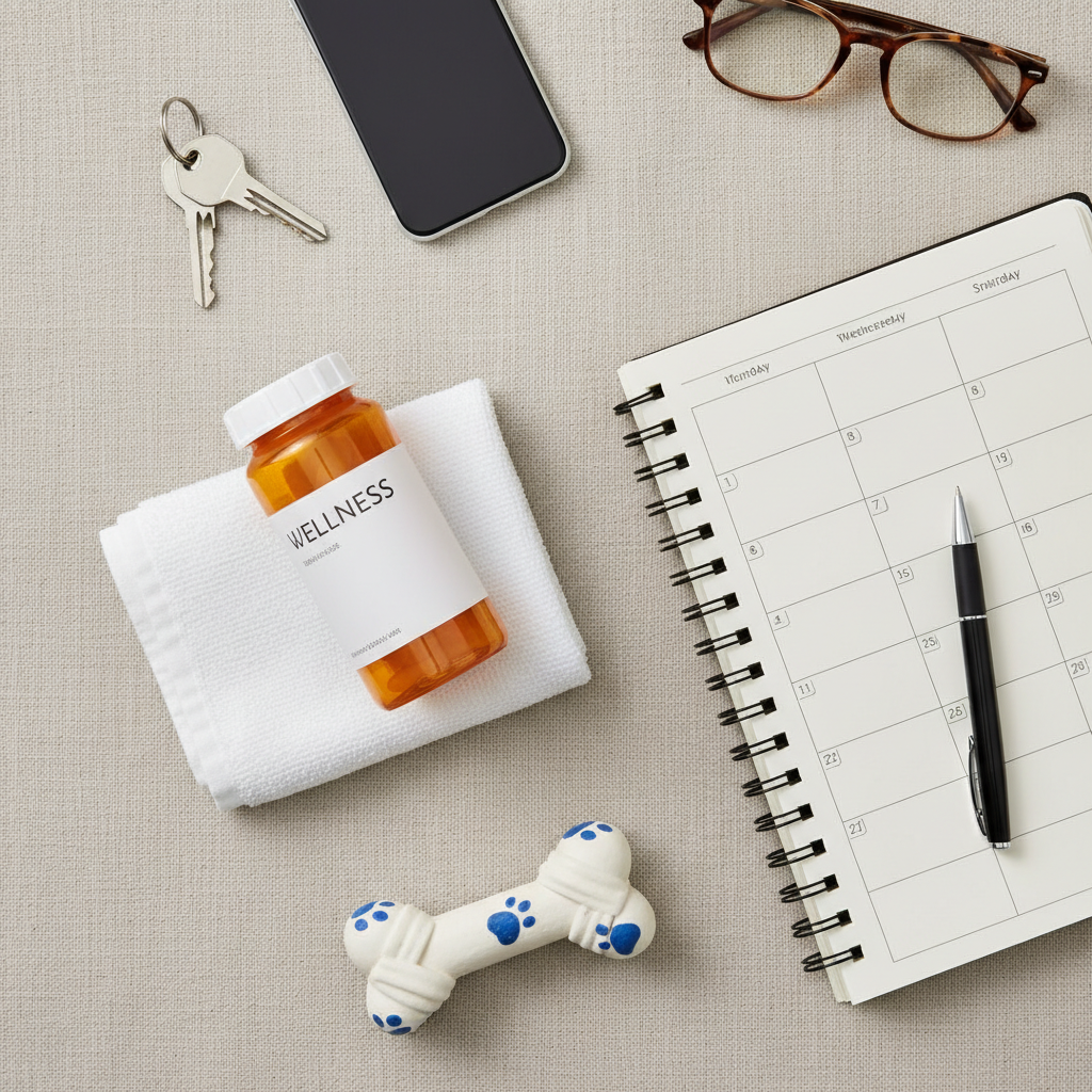 flat-lay of assorted items representing lifestyle services, including medication bottle, a paper planner or notebook, and a dog bone or toy, with a neutral background. No people or food or coffee in the image.
