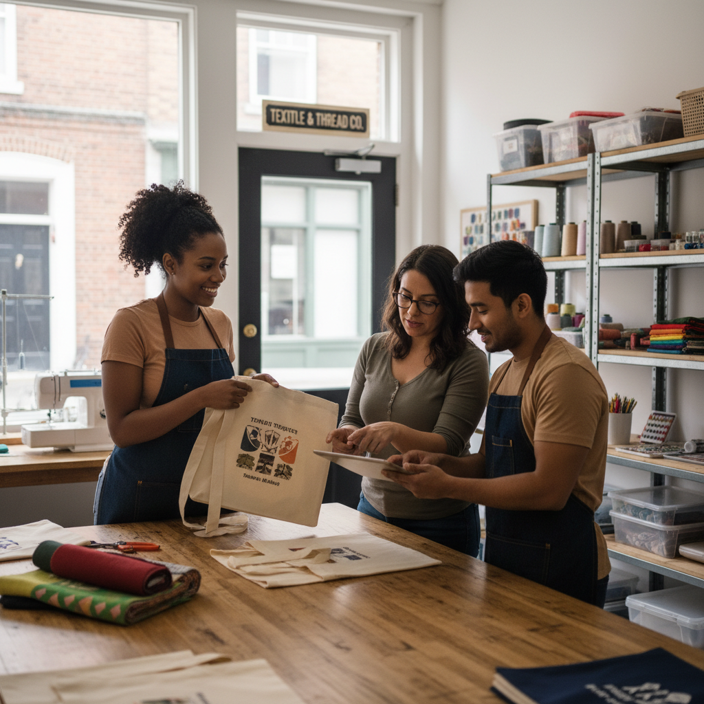 A small business scene showing no more than 3 people, with visible diversity including at least one Black person. Emphasize a sense of teamwork and assistance in a business environment, but keep the group small and intimate.